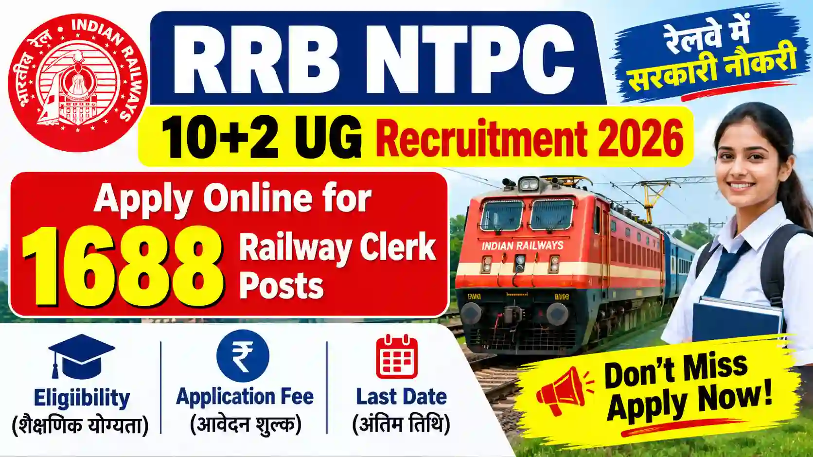 RRB NTPC 10+2 UG Recruitment 2026 Apply Online for 1688 Railway Clerk Posts, Check Eligibility, Fee and Last Date