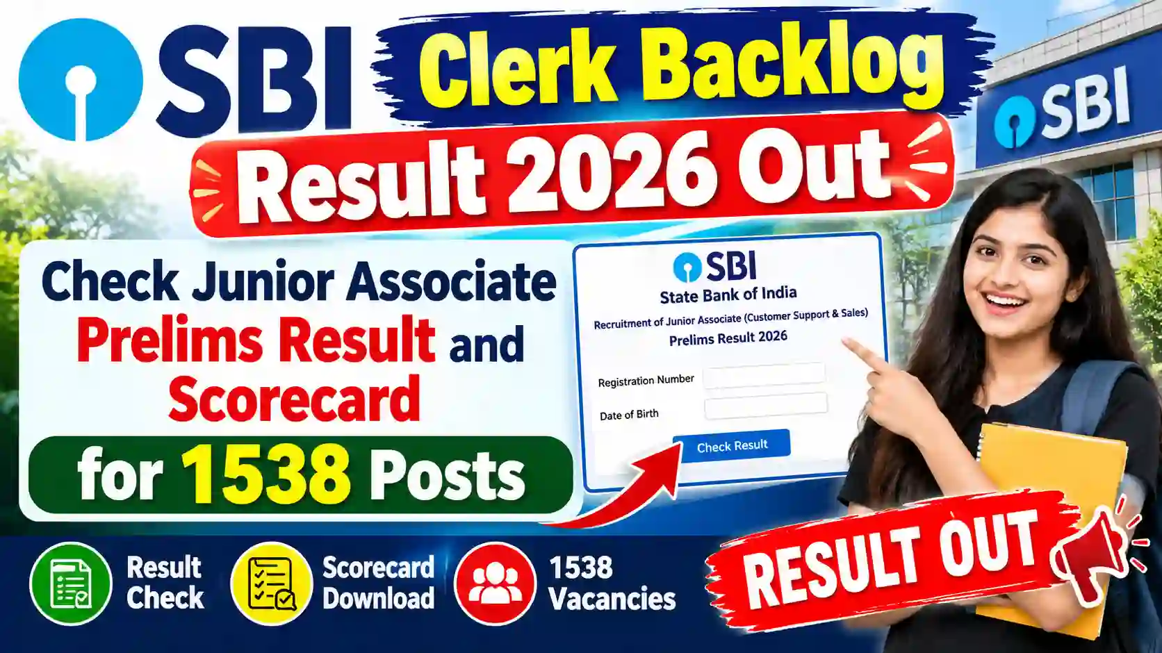 SBI Clerk Backlog Result 2026 Out: Check Junior Associate Prelims Result and Scorecard for 1538 Posts